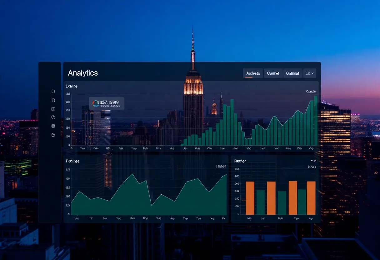 Digital analytics dashboard with New York skyline backdrop.