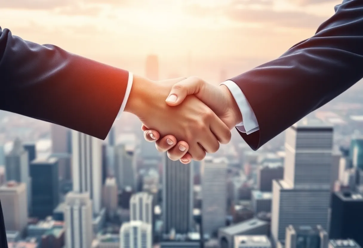 Business handshake over a city skyline background.