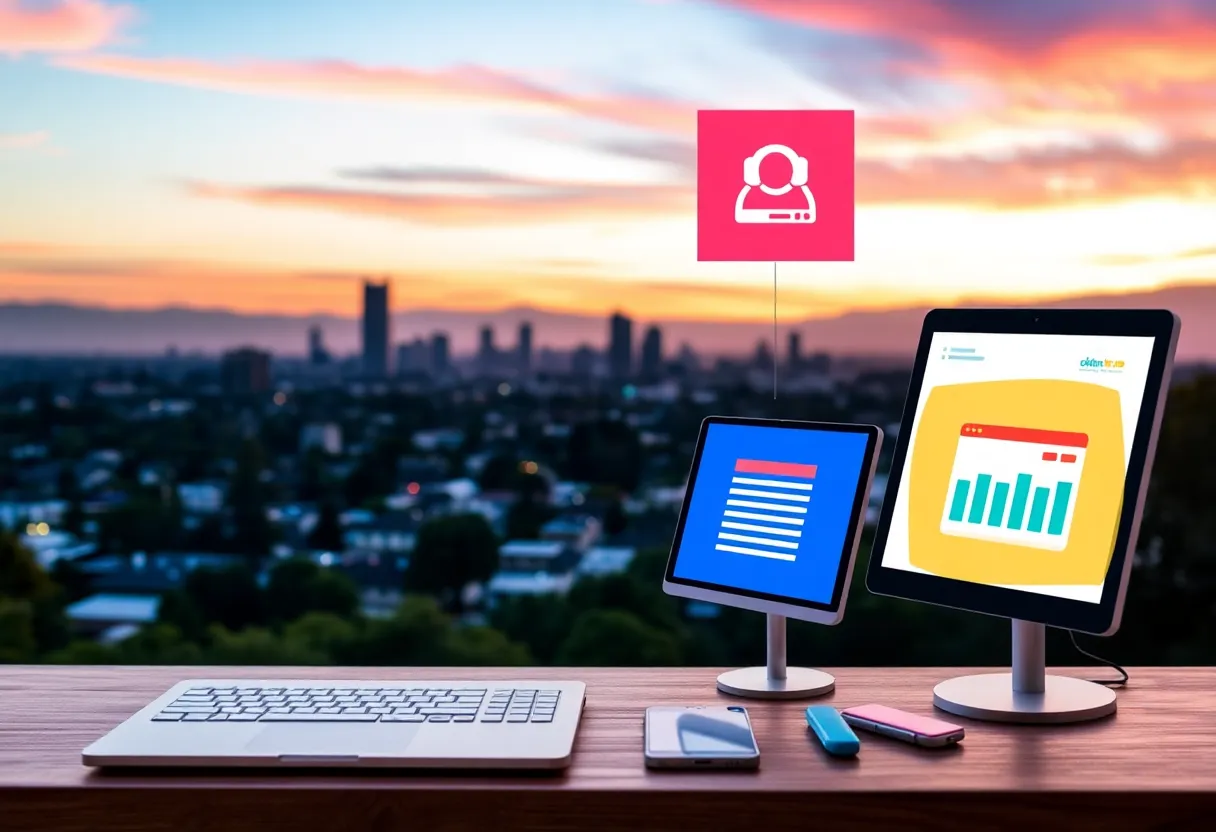 Vibrant digital marketing tools with Sunnyvale skyline backdrop.