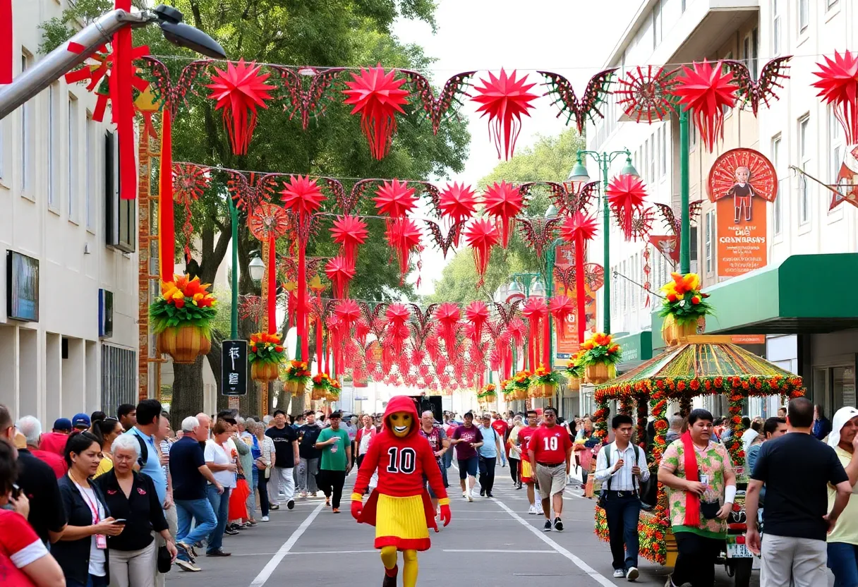 Colorful street festivities with football-themed decorations and parades.