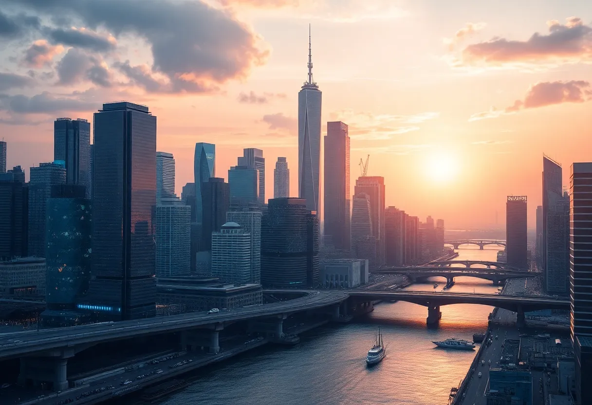 Futuristic city skyline with innovative technology elements.