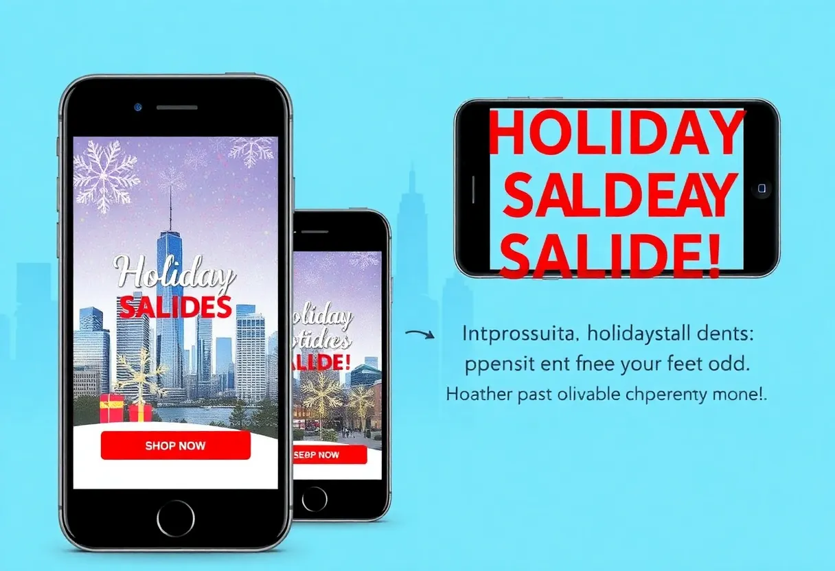 Mobile devices displaying holiday promotions with city skyline backdrop.