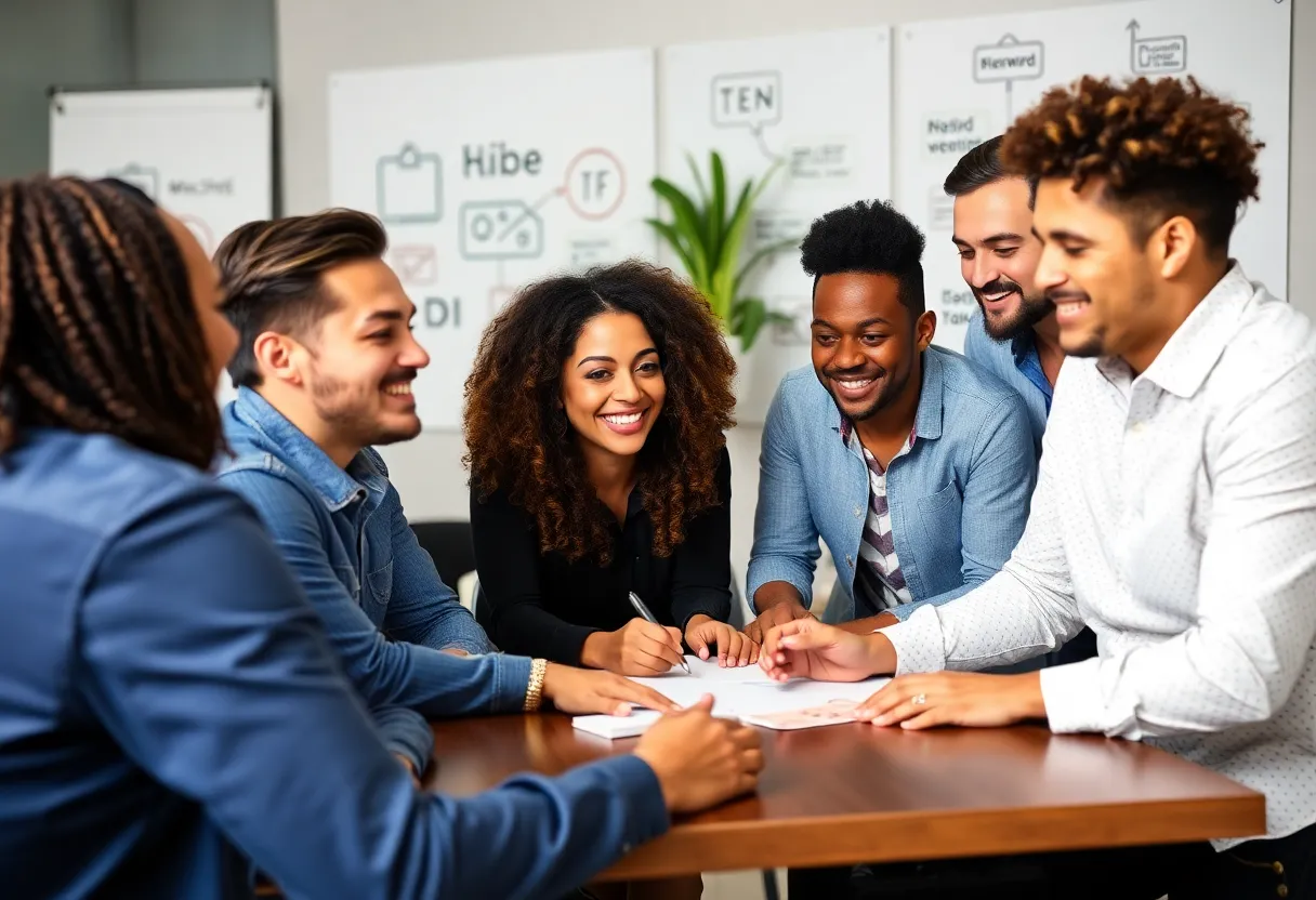 Promotional strategy meeting with diverse marketing team brainstorming ideas.