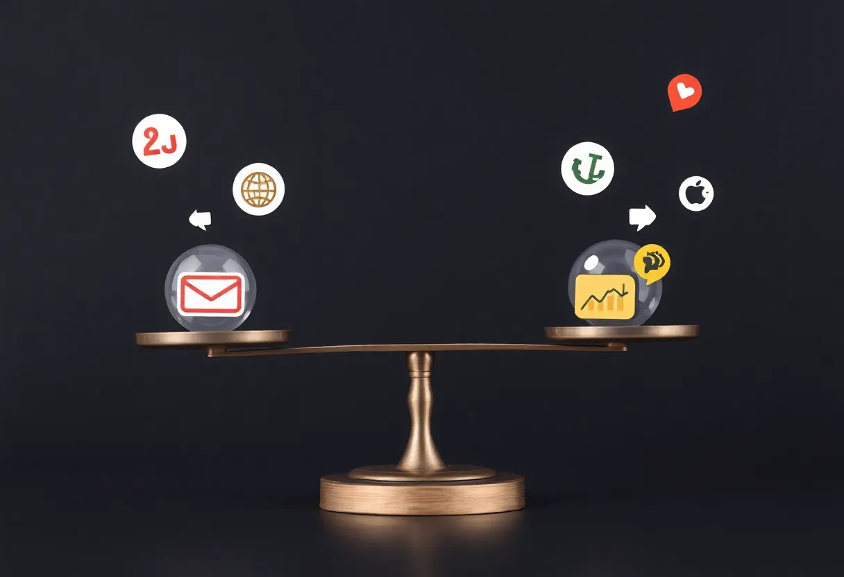 Balanced scales with marketing icons on each side.