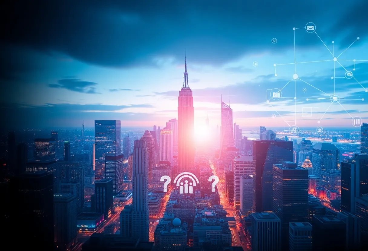 Futuristic city skyline with digital marketing elements overlay.