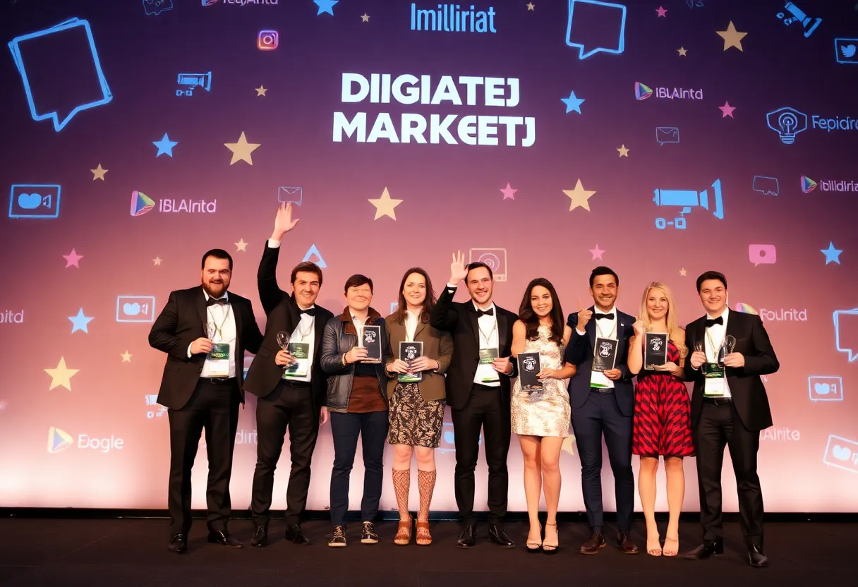 Celebratory awards on a digital marketing-themed backdrop.