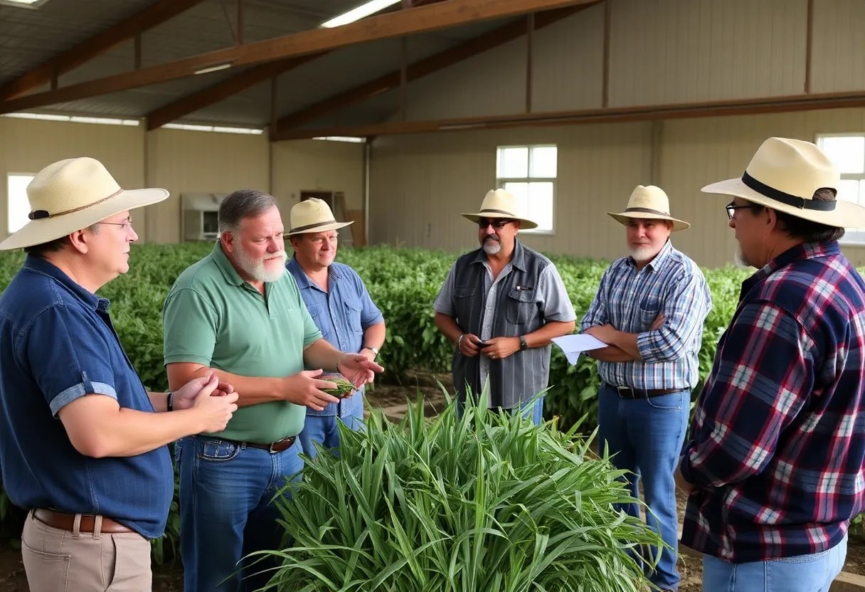Farmers discussing crops in community meeting setting.