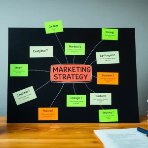 Colorful marketing strategy mind map on a desk.