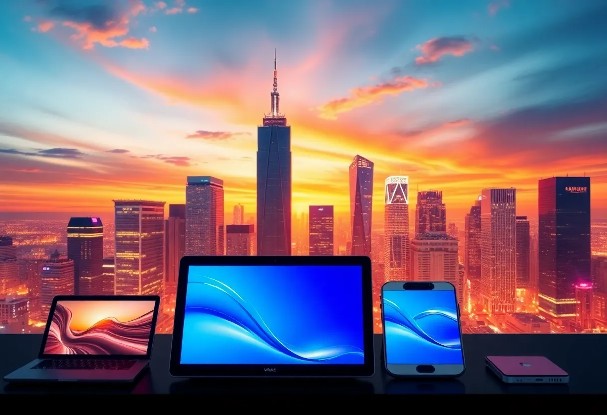 A vibrant tech skyline with innovative devices displayed prominently.
