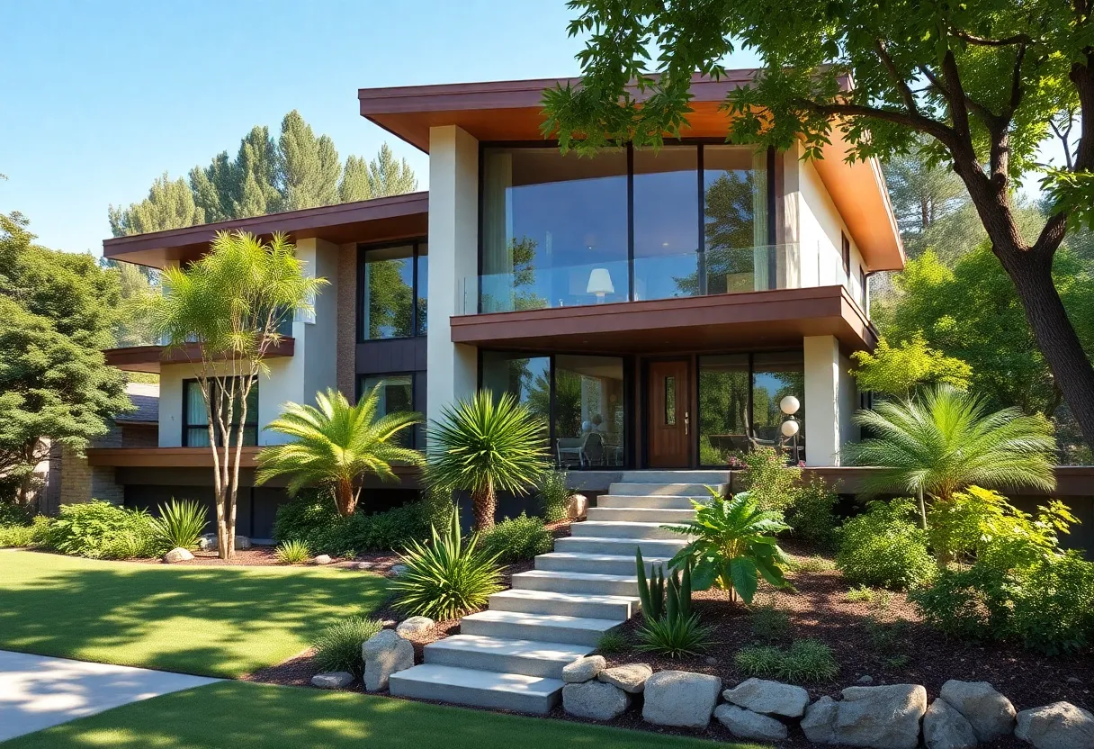 Exterior view of the Balogh House, showcasing its mid-century modern architecture.