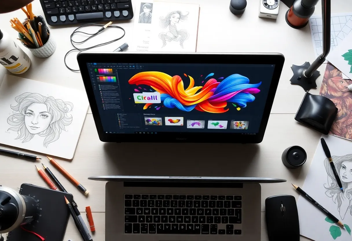 A workspace showcasing tools for graphic design and illustration.