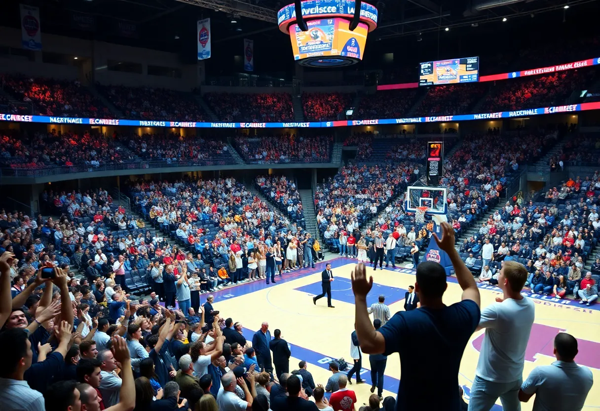 Crowd cheering at a basketball game in East Lansing