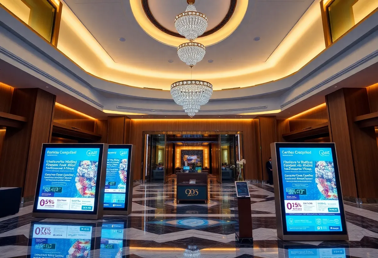 A modern hotel lobby with digital displays promoting personalized guest experiences.