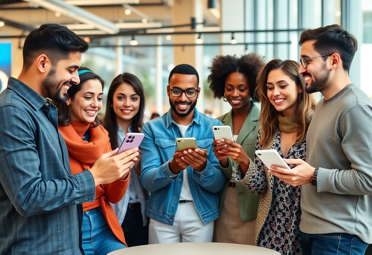 A group of diverse influencers engaging with audiences on social media.