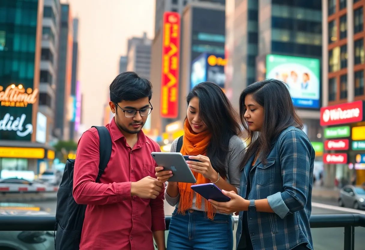 Young professionals collaborating in marketing in a bustling city.