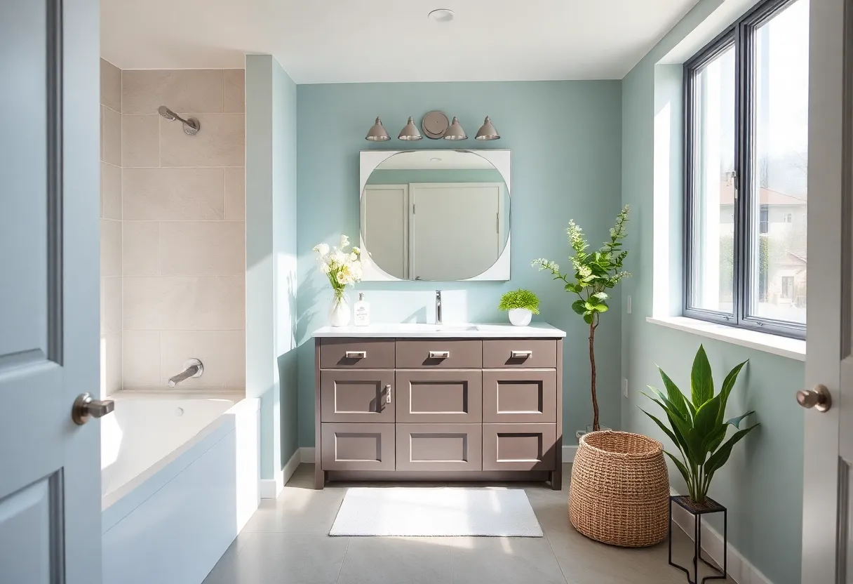Modern bathroom with newly installed vanity and sink