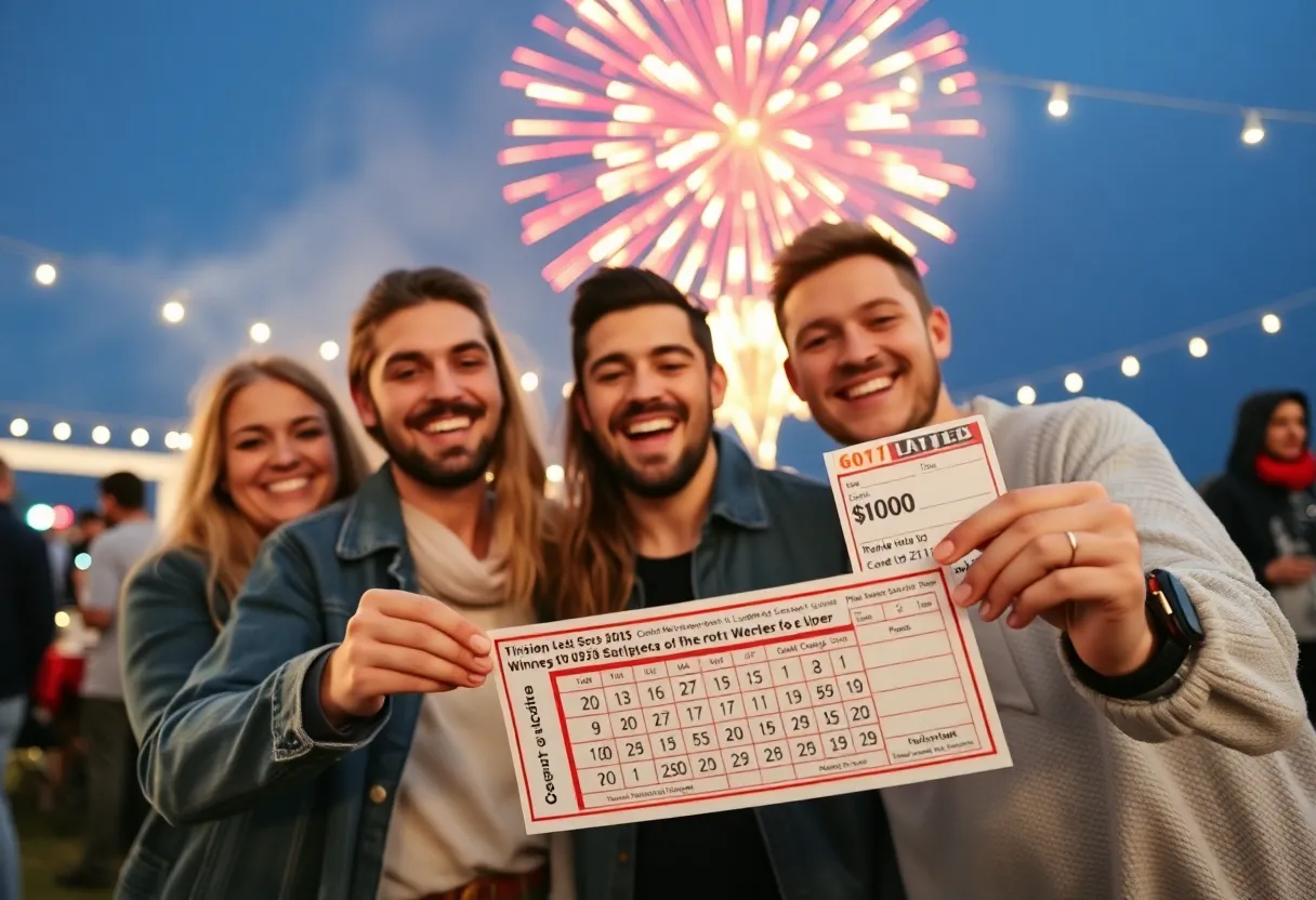 Happy winners celebrating their $842 million Mega Millions jackpot