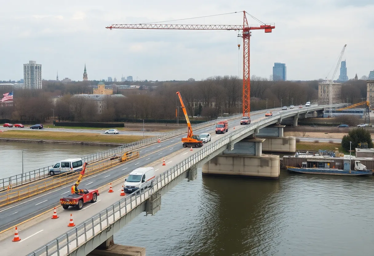 Construction workers on a bridge replacement site in Livonia.