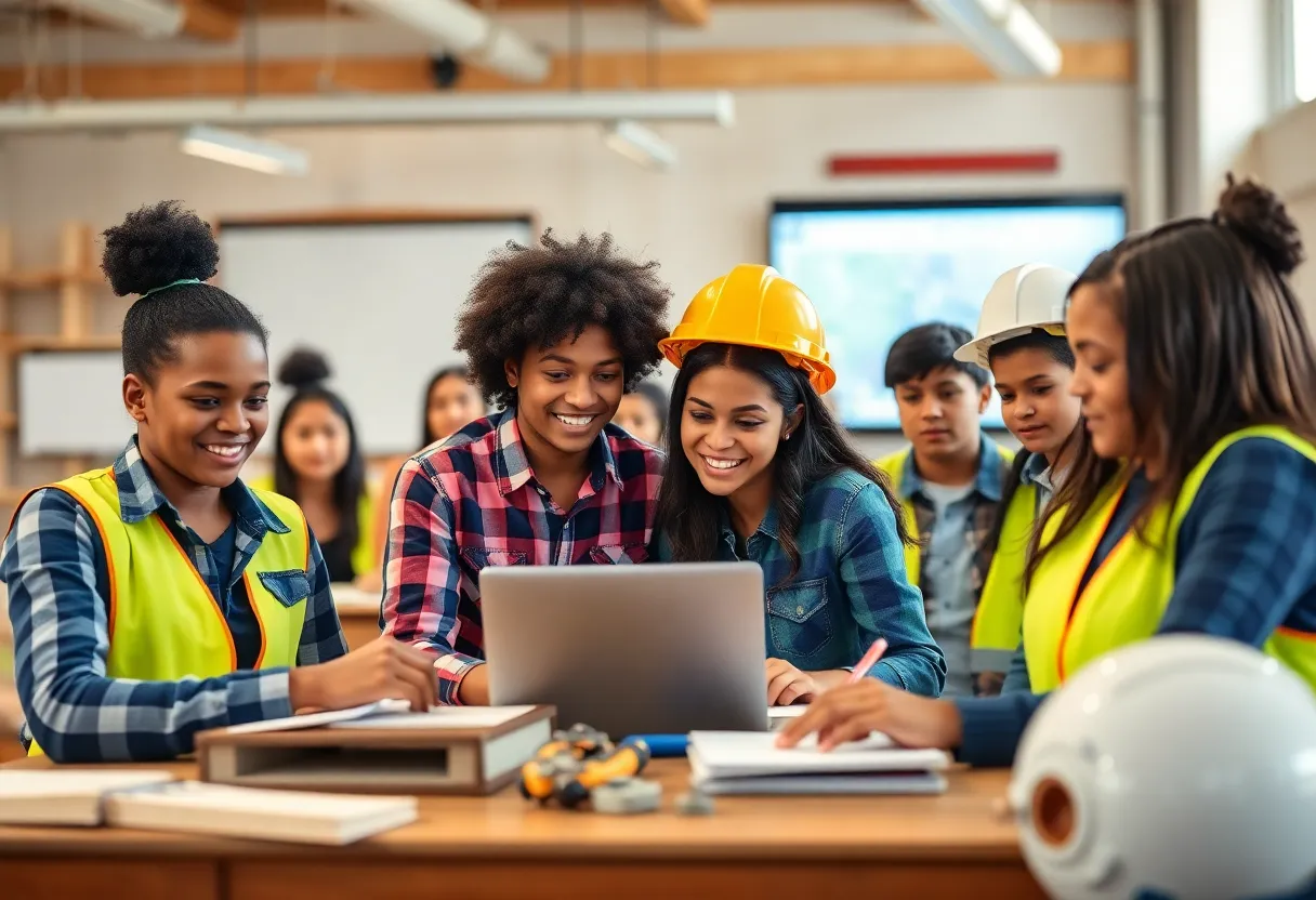 Students celebrating builder education in Michigan with various learning materials.
