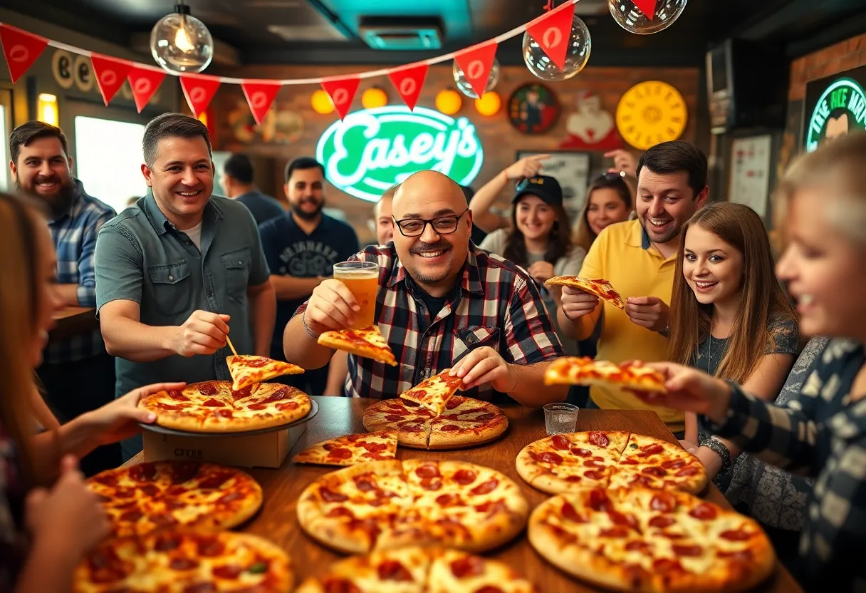 Joe Cruz celebrating as Casey's Chief Beer and Pizza Officer with pizzas and drinks