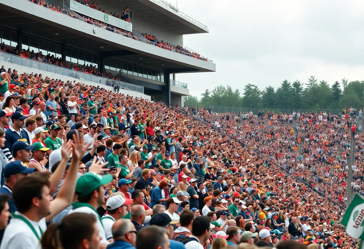 Stadium filled with fans cheering for college football teams