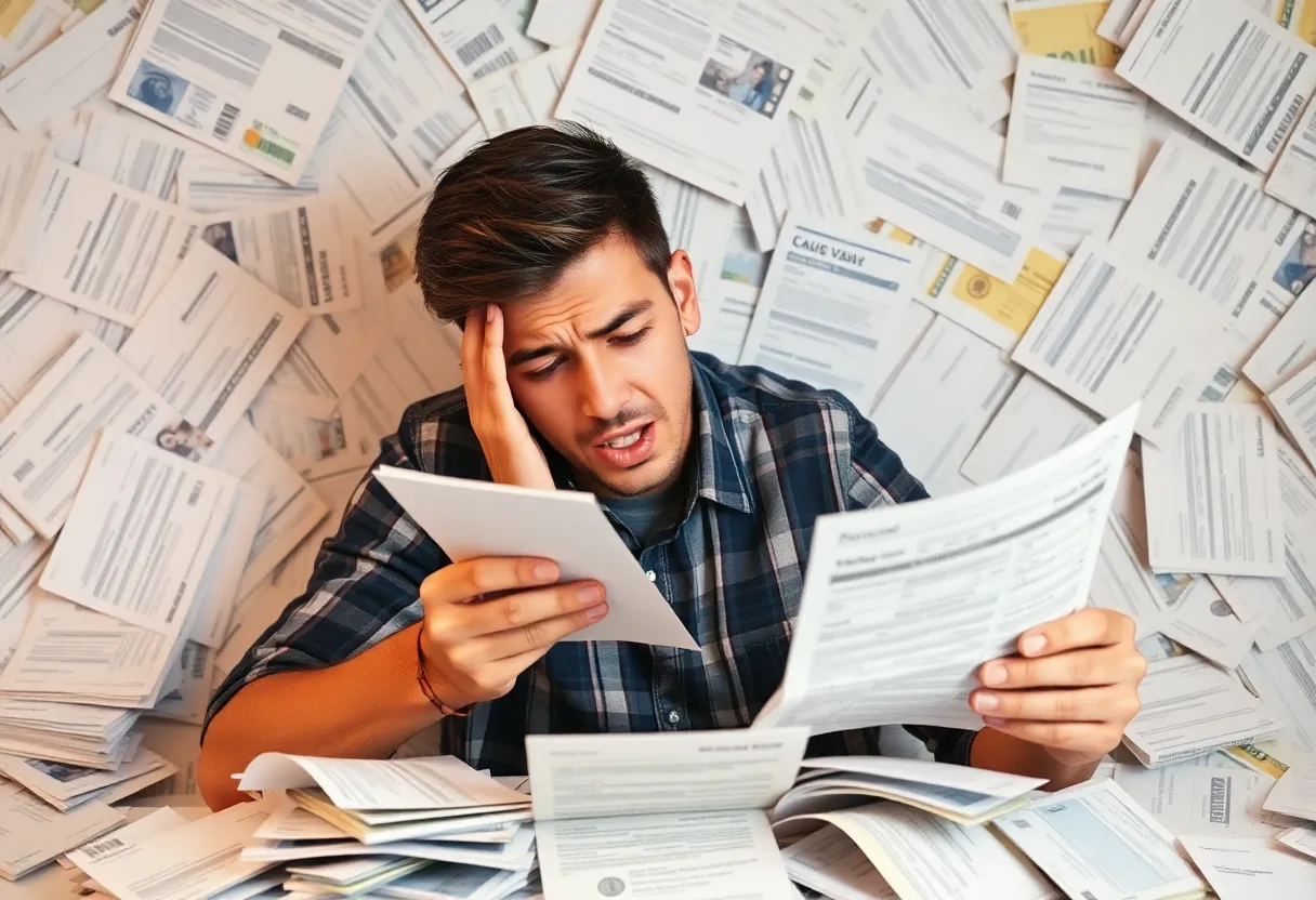 Person examining credit card bills showing financial stress