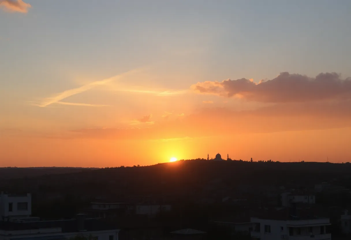 A sunset over a city representing peace and reconciliation