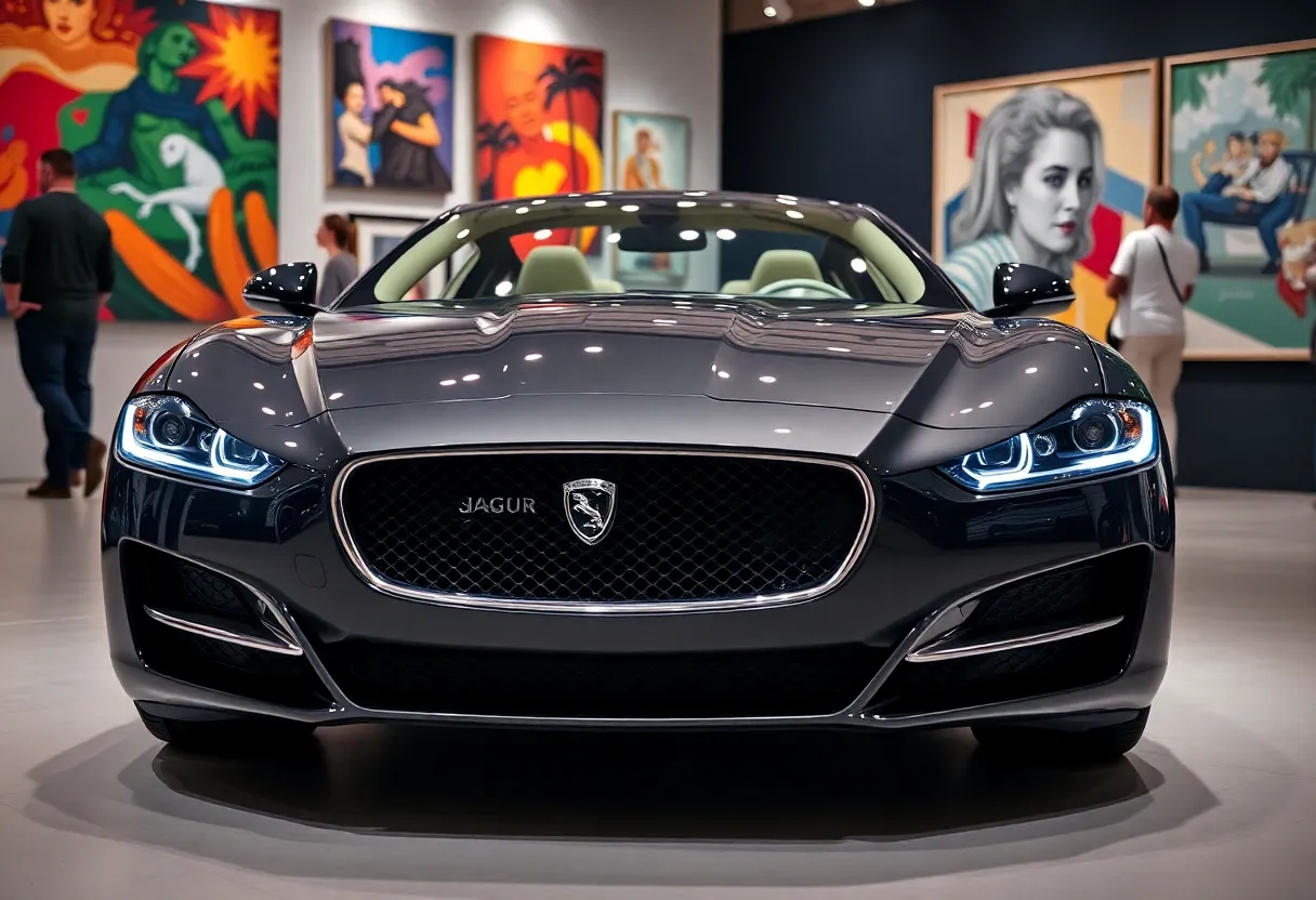 Jaguar car at Miami Art Week reflecting modern design.
