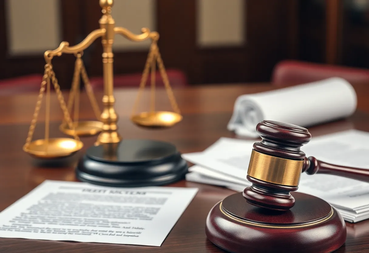 A courtroom scene depicting justice with gavel and legal documents
