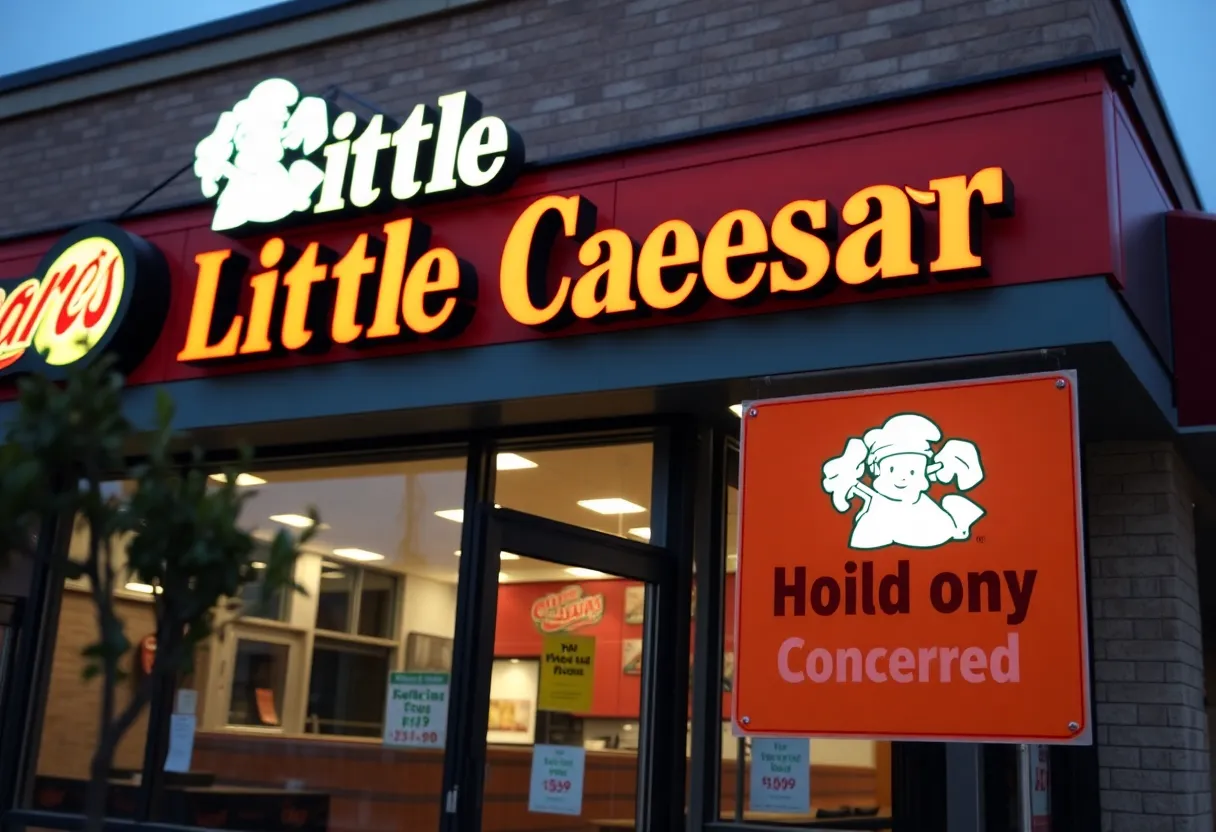 Little Caesars exterior with a safety warning for child labor