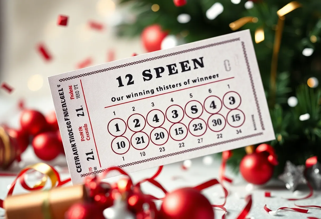 Lottery ticket surrounded by festive confetti