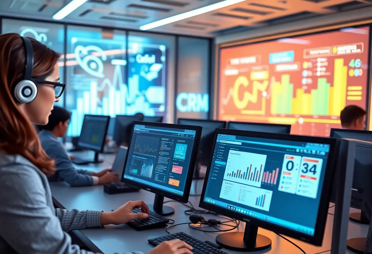 Professionals utilizing Marketing CRM software in a modern office setting