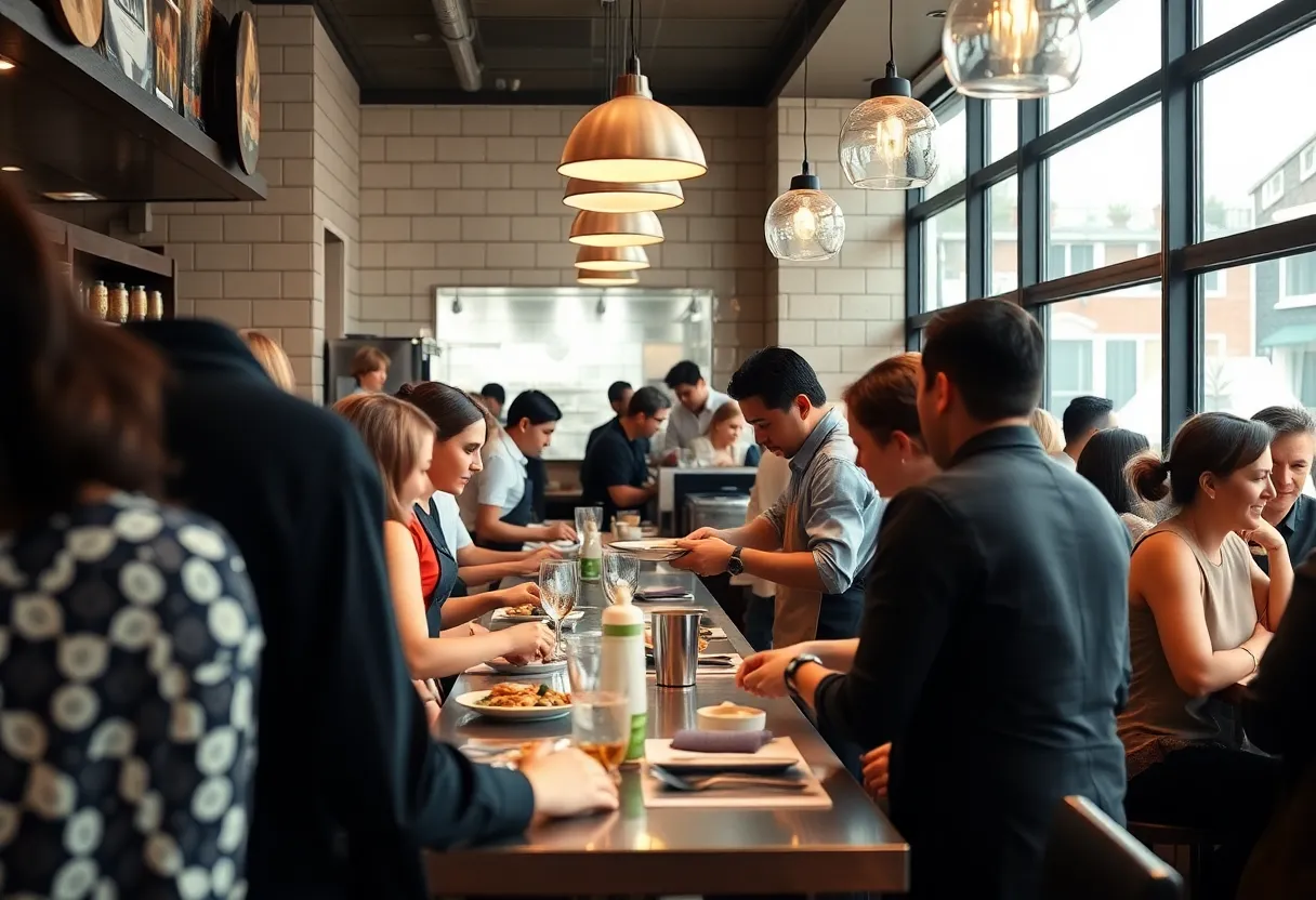 Busy restaurant with wait staff attending to customers