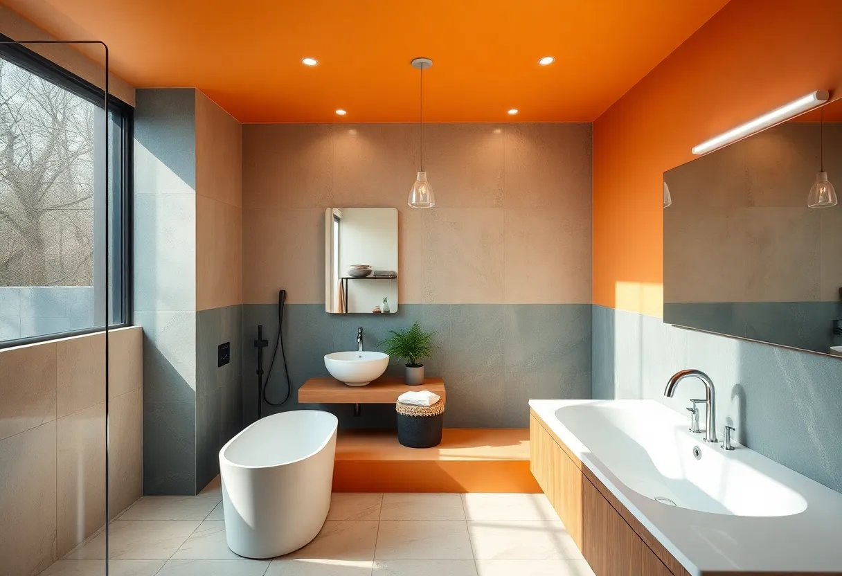 A stylish modern bathroom designed in 2025 with sustainable features, smart technology, and bold colors.