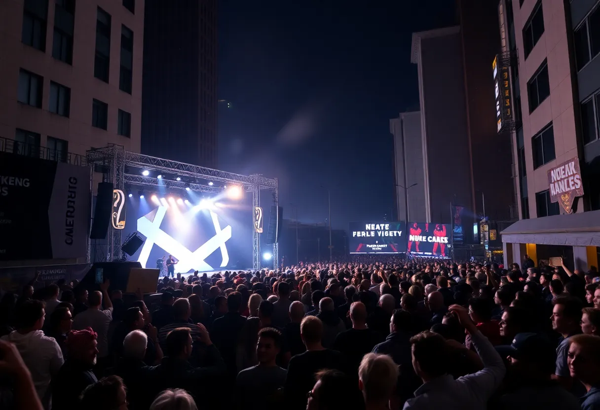Crowd at a concert venue lighting up with excitement