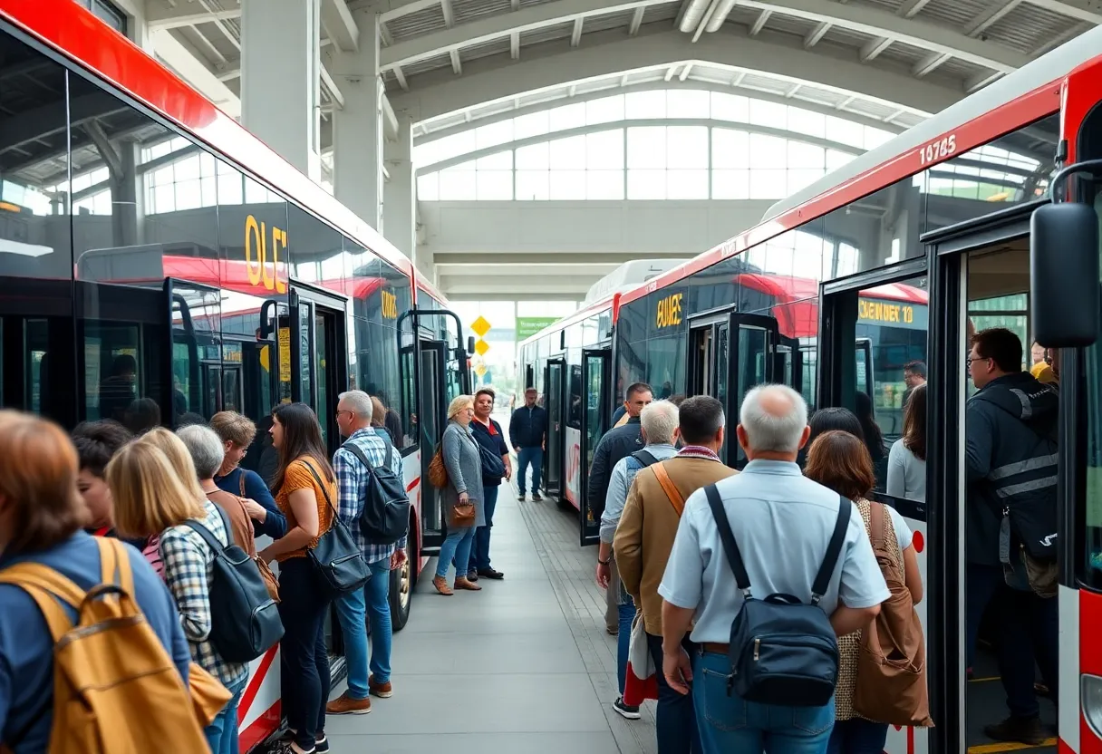 Buses and community members at the Novi Civic Center