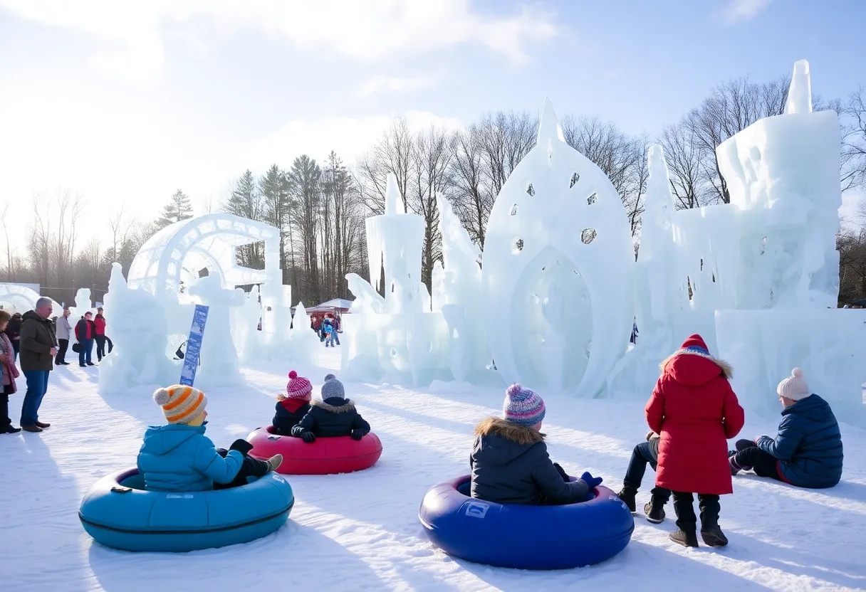 Families enjoying activities at the Plymouth Ice Festival with ice sculptures in the background.