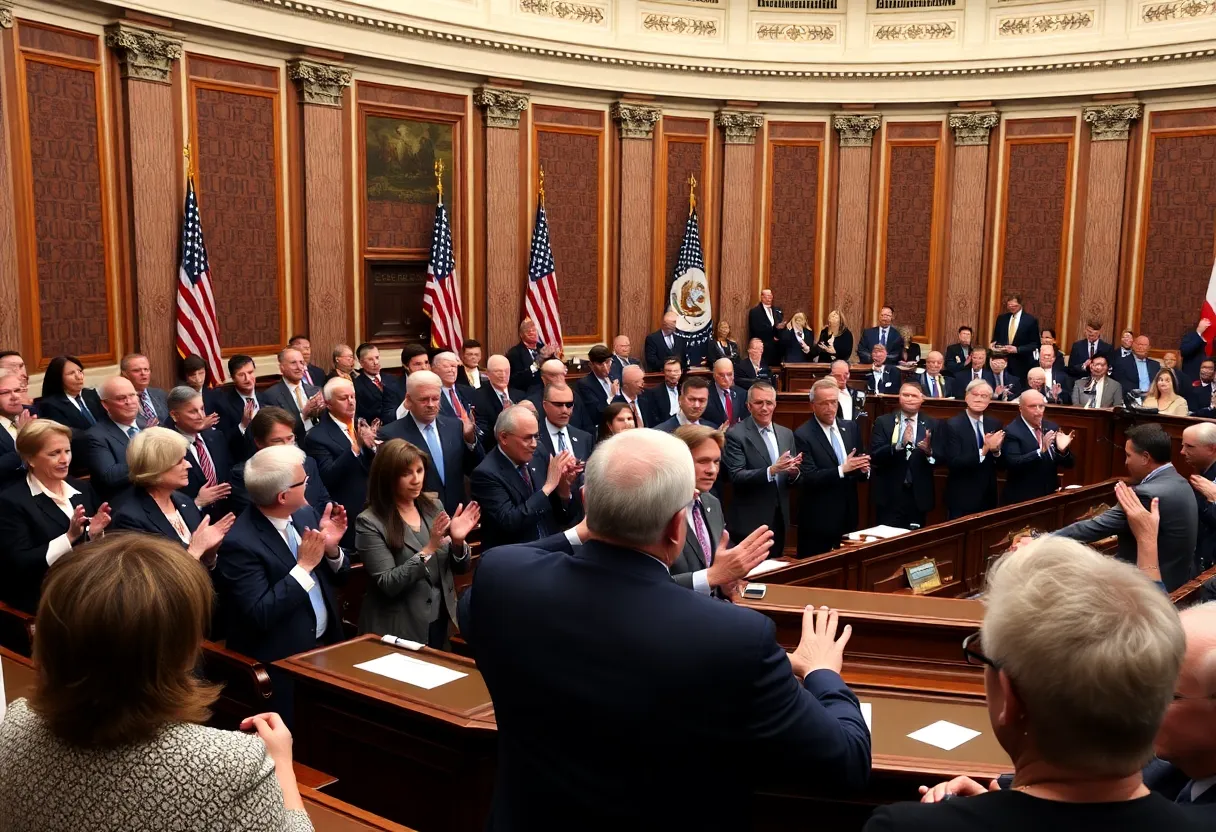 Senators applauding in the Senate chamber for the confirmation of the Secretary of State.