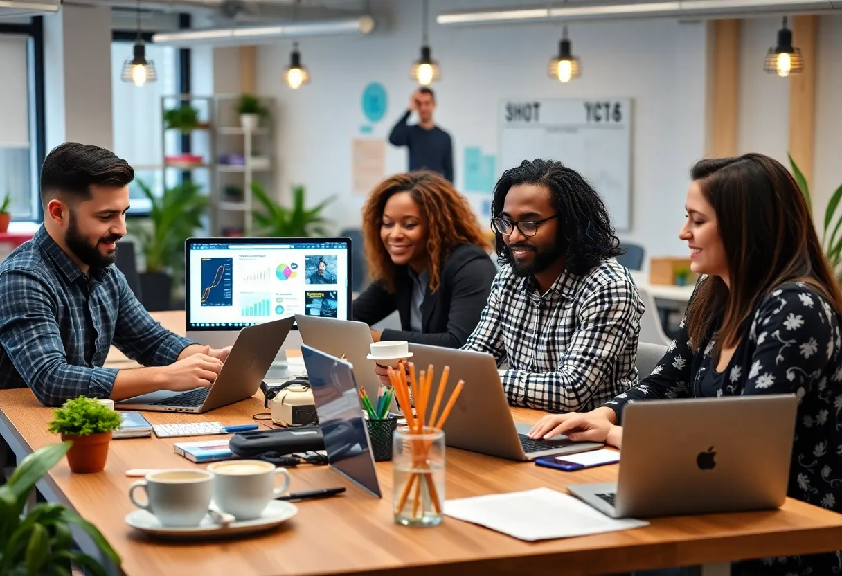 Team collaborating on SEO strategies in a modern workspace