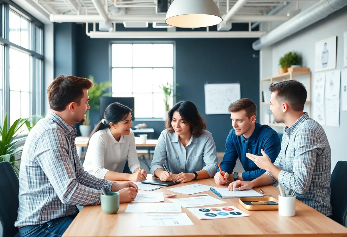 Celebration of Thought For Food & Son's 20th anniversary with a diverse team in a vibrant office.