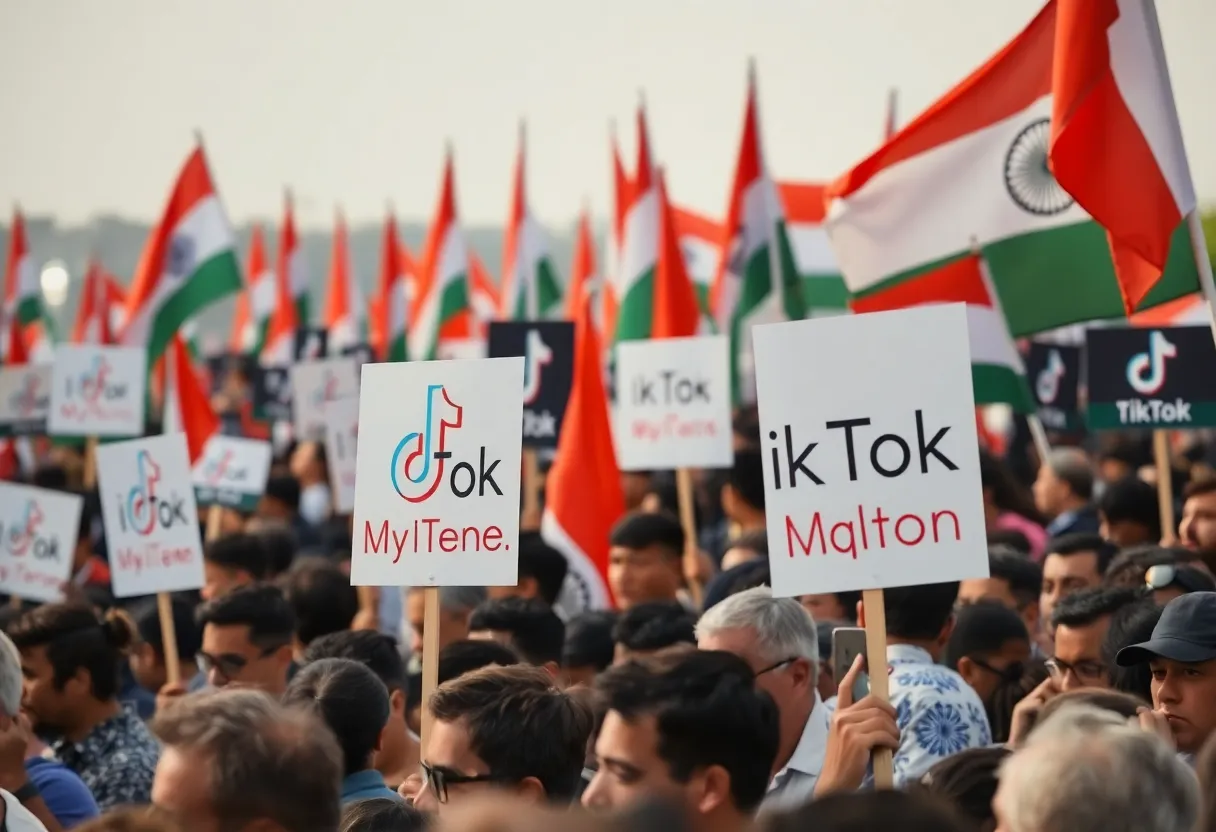 Crowd at a rally showing support for TikTok amidst patriotic symbols.