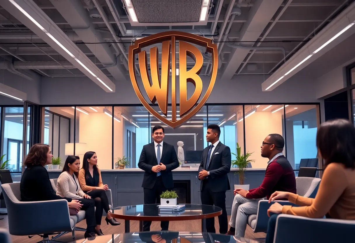 Discussion of Warner Bros leadership changes in modern office