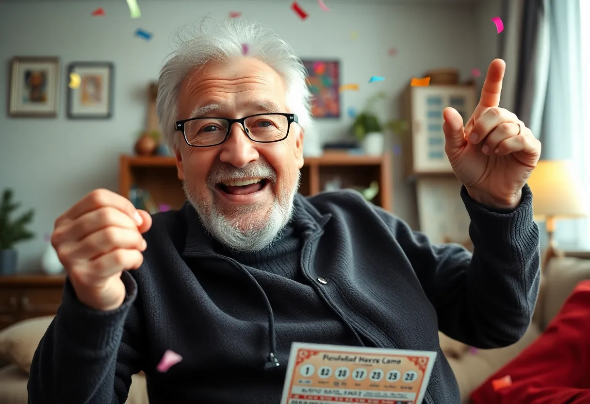 Elderly man celebrating lottery win with ticket and confetti