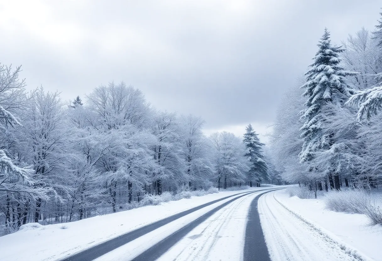Snow-covered road and trees in winter storm