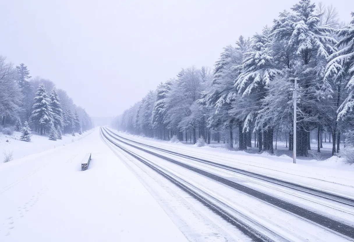 A snowy landscape during severe winter storms in the US