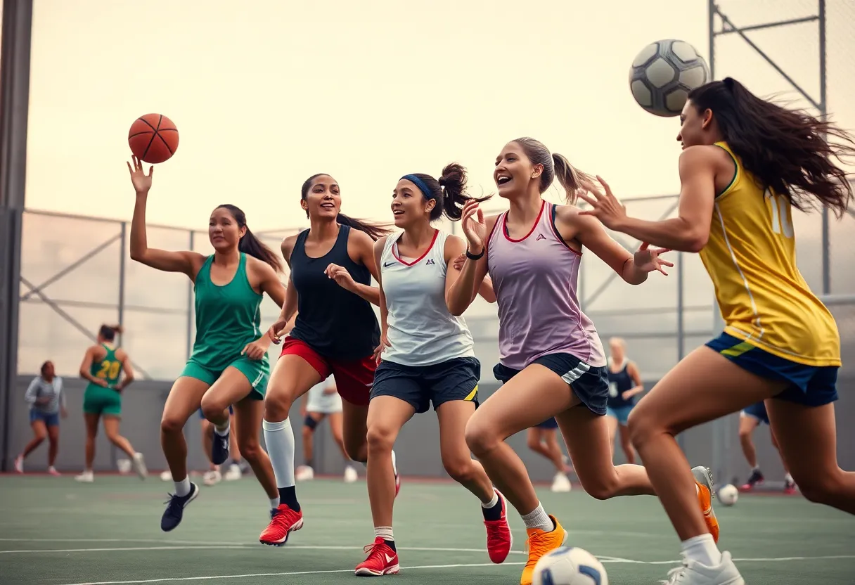 Women playing basketball and soccer in a vibrant sports environment.