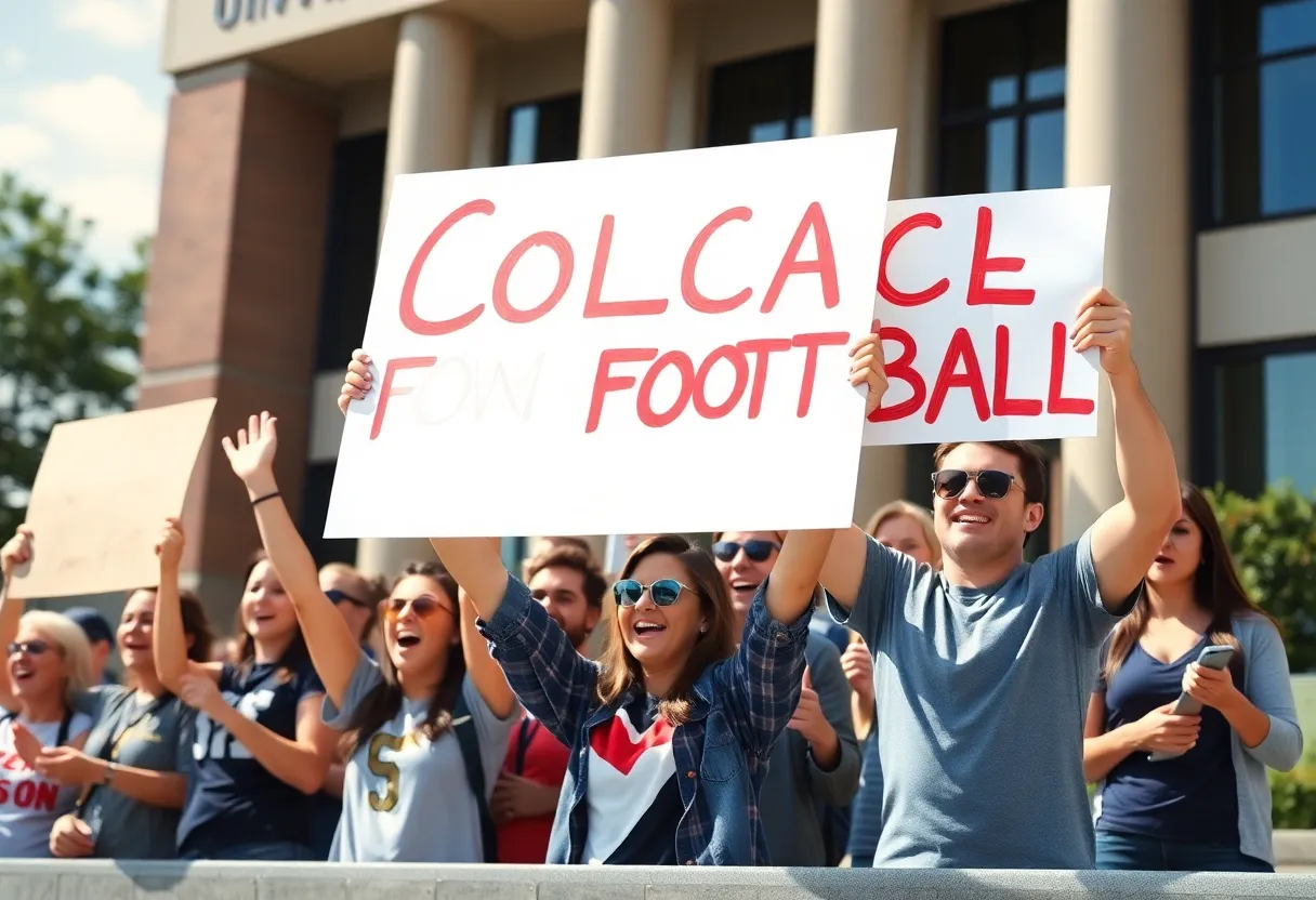 A vibrant group of college football fans cheering outside Michigan State University.