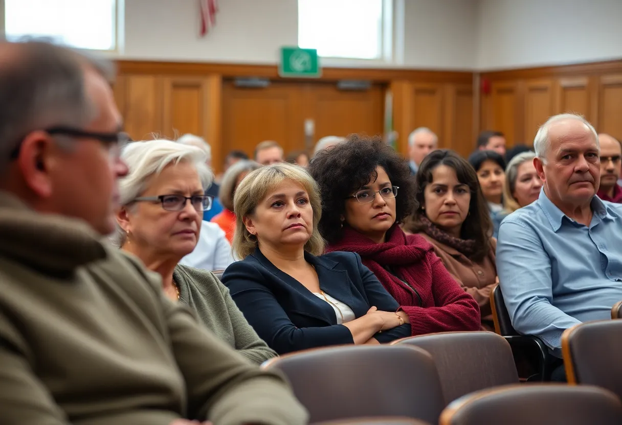 Residents gathered in a town hall discussing assistance programs.