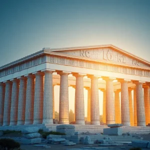 A blended image of the Parthenon and modern digital elements representing the Digital Parthenon Framework