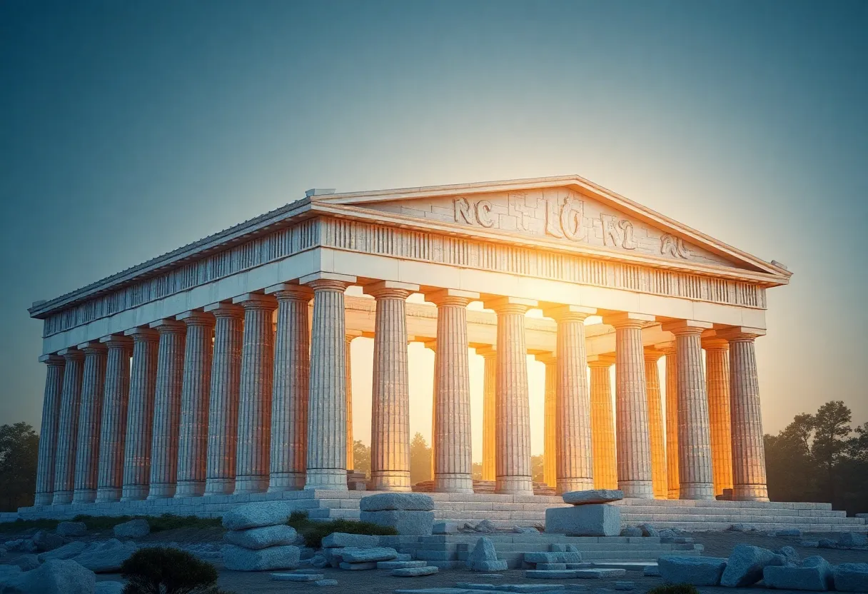 A blended image of the Parthenon and modern digital elements representing the Digital Parthenon Framework